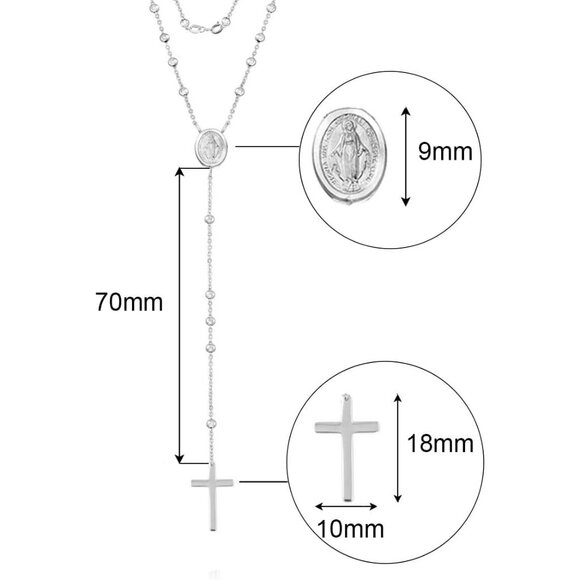 925 Sterling Silver Beaded Rosary Necklace with 18K Gold Plating, Cross & Medall - Picture 2 of 5